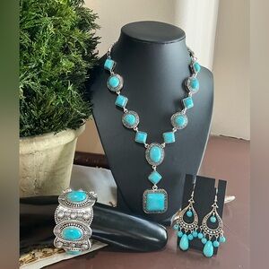 Bohemian Jewelry Set- Turquoise Rhombus,Round Beads Necklace, Bracelet,Earrings